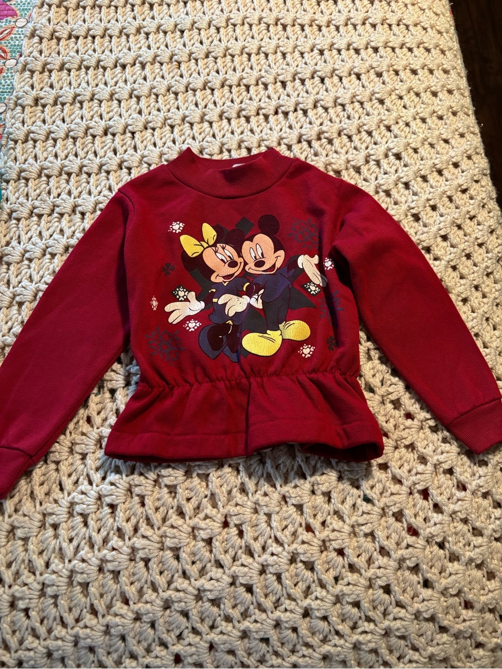 Vintage Disney Kids' Burgundy Mickey & Minnie Peplum Sweatshirt